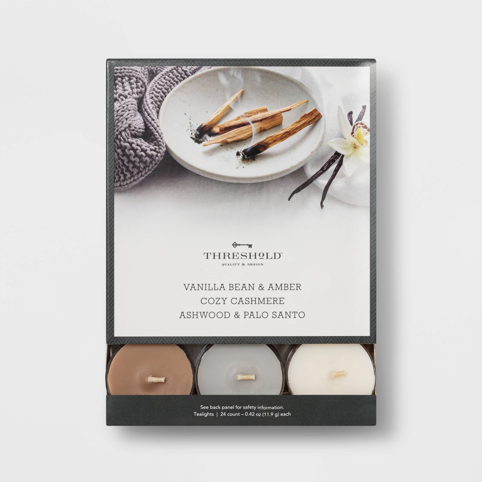 24pk Tealight Vanilla Bean and Amber/Cozy Cashmere/Ashwood Candle - Threshold™: Palm Oil & Paraffin Wax, 4hr Burn Time