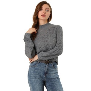 Allegra K Women's Ruffle Mock Neck Bishop Sleeve Knitted Ribbed Pullover Sweater - 1 of 4