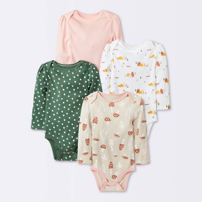 Baby Girls' 4pk Forest Love Long Sleeve Bodysuit - Cloud Island™ Olive Green Newborn