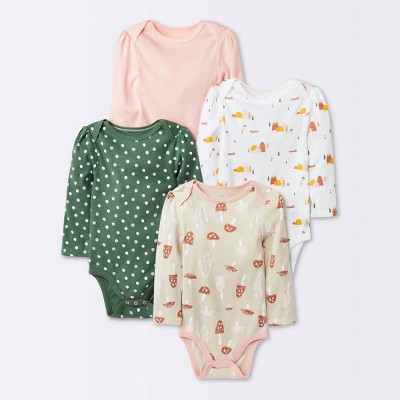 Image of Baby Girls' 4pk Forest Love Long Sleeve Bodysuit - Cloud Island™ Olive Green Newborn