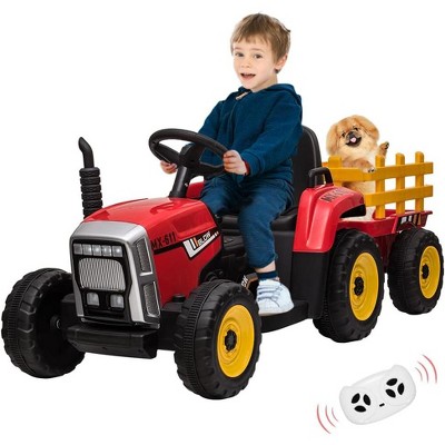 12V Kids Electric Tractor with Trailer, Battery Powered Ride-On Car for Toddlers 3-6, Remote Control, 7 LED Headlights, 2+1 Gear Shift