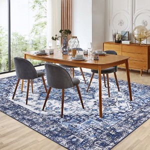 Garvee Vintage Area Rug, Low-Pile Machine Washable Rug, Non-Shedding Ultra-Thin Stain Resistant, Non Slip Rubber Backing(Blue) - 1 of 4