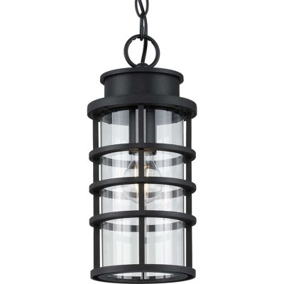 Black Ribbed Frame Outdoor Hanging Lantern with Clear Glass Shade