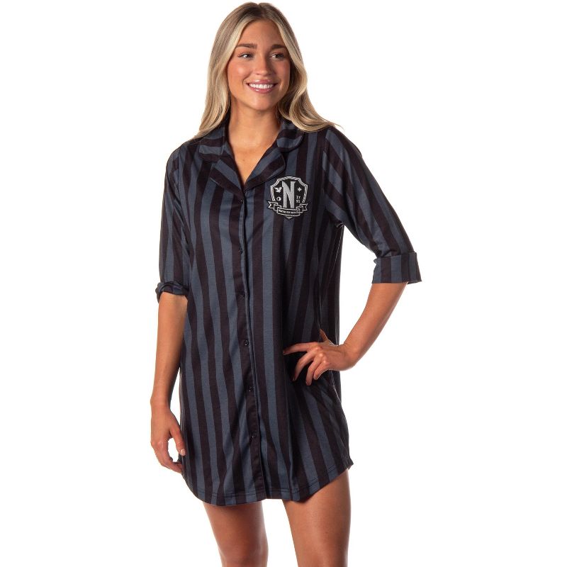Wednesday Addams Family Women's Collared Pajama Nightgown Sleep Shirt Black, 1 of 5