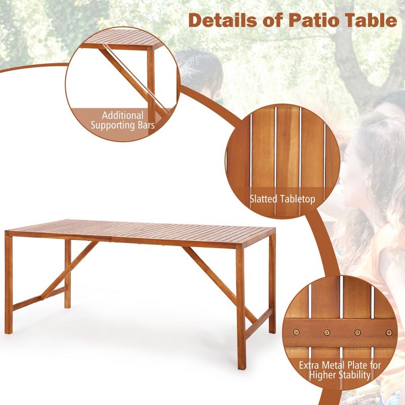 Costway Patio Rectangle Acacia Wood Dining Table Spacious Slatted Top Up to 6 Outdoor, 5 of 10