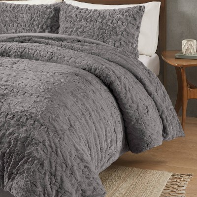 Gray King Ruched Faux Fur Down Alternative Comforter Set