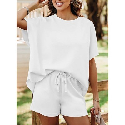 Women’s 2 Piece Lounge Set with Oversized Top and Drawstring Shorts White Medium
