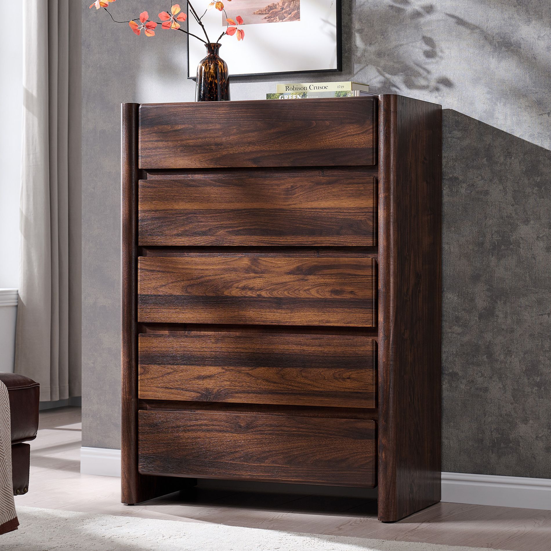 Dresser with Rounded Corner, Modern Wood Chests of Drawers with Handleless