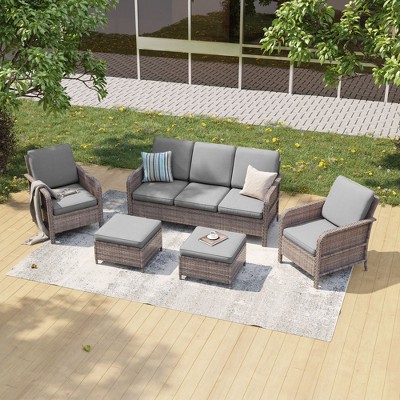 Sonkuki 5 Pieces Patio Sofa with Ottomans Set, All-Weather PE Rattan Wicker, Patio Conversation Couch with Cushion