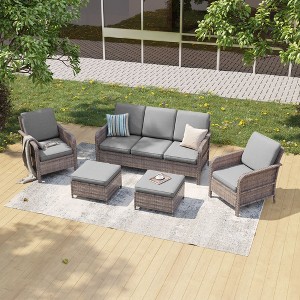 Sonkuki 5 Pieces Patio Sofa with Ottomans Set, All-Weather PE Rattan Wicker, Patio Conversation Couch with Cushion - 1 of 4