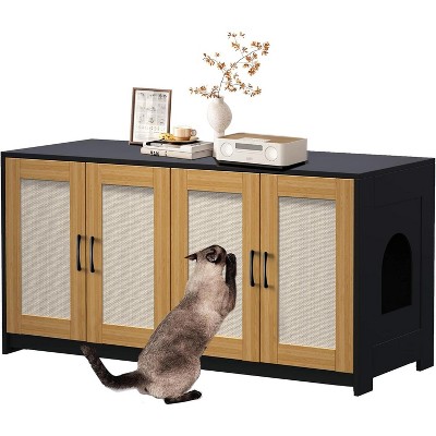 Homhougo Cat Litter Box Enclosure for 2 Litter Boxes, Wooden Cat House TV Stand Sideboard with 4 Sisal Doors, Black