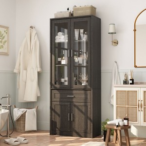 Famapy Tall Bathroom Storage Cabinet,Freestanding  Storage Unit with Glass Doors,Anti-Tip Design,for Small Spaces, Dark - 1 of 4