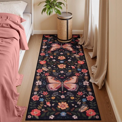 Lahome Modern Butterfly Floral Short Pile Velvet Rectangular Indoor Area Rug