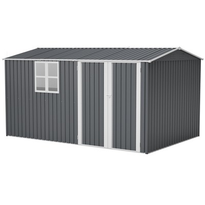 Vynxaria 8x12FT Outdoor Storage Shed, XL Heavy-Duty Steel Building with Window, Hinged Gray Doors & 4 Air Vents for Backyard/Garden/Patio, Gray