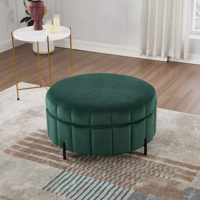 FURNIinspire Ottomans And Benches 31.5 Inch Round Storage Ottoman Upholstered Bench, Luxury Footrests Velvet Stool, Green, 31.5"*31.5"*16.73"
