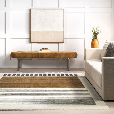 Keeva Modern Striped Fringe Beige and Black Synthetic Area Rug 8' x 10'