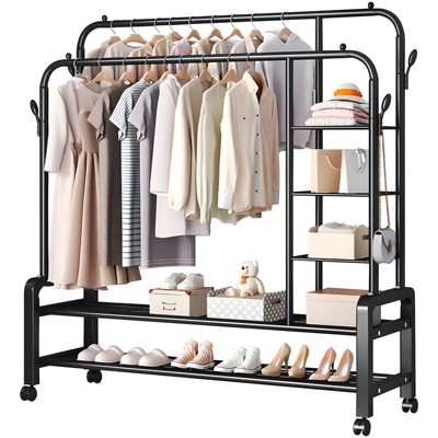 SKONYON Double Rods Garment Rack with Storage Shelves Steel Frame