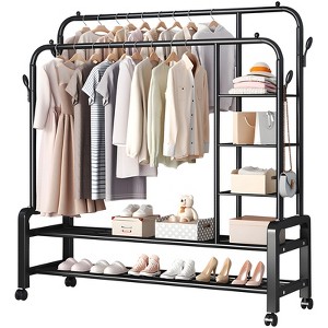 SKONYON Double Rods Garment Rack with Storage Shelves Steel Frame - 1 of 4