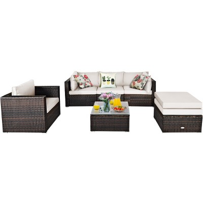 Tangkula 6PCS Rattan Patio Furniture Set Cushioned Sofa Chair Ottoman Turquoise/Red/Navy/Black/White