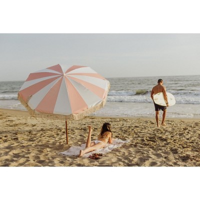 Summerland 6.5 ft Pink and White Striped Beach Umbrella with Fringe