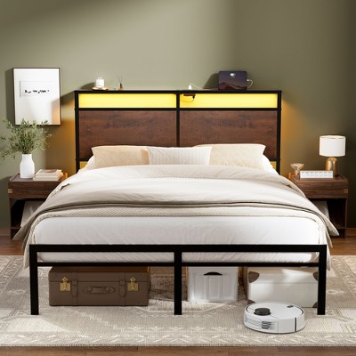WOWLIVE Twin/Full/Queen/King Size Bed Frame with LED Light and Charging Station, Metal Frame with Storage Headboard, Large Storage Space