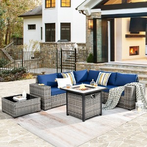 XIZZI 7PCS Patio Furniture Set, Sectional Sofa, PE Rattan Wicker Couch, Outside Conversation Sets with Fire Pit Table and Coffee Table, Navy Blue - 1 of 4