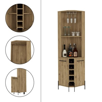 Macadamia Wood Finish Corner Bar Cabinet with Wine Storage