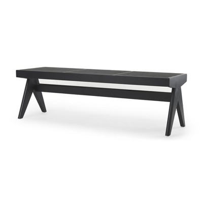 HomeRoots 59" Black Solid Wood and Cane Dining Bench
