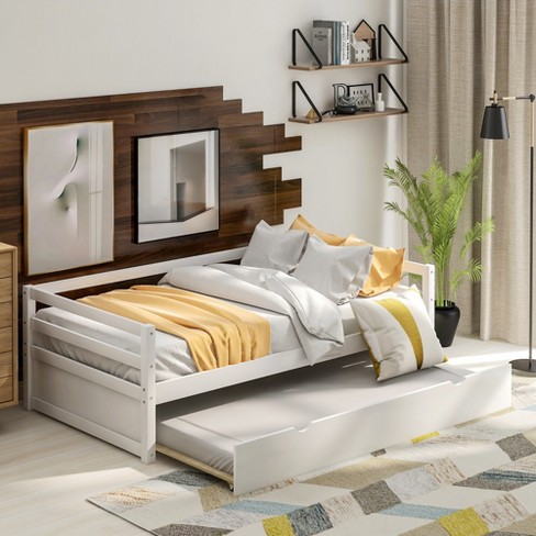 Twin Size Wooden Platform Daybed With Trundle, White - Modernluxe : Target