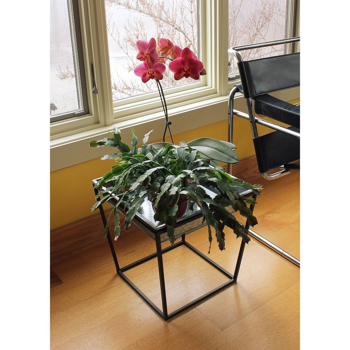 Indoor/Outdoor Arne Steel Plant Stand with Galvanized Tray Black Powder Coated Finish - Achla Designs: Freestanding Square Holder - thumbnail 4