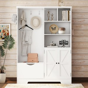 52.7"W 5-in-1 Hall Tree with 7 Hooks , Shoe Cabinet and Entryway Storage Bench, Modern Coat Rack with Storage Shelves 4Q - ModernLuxe - 1 of 4