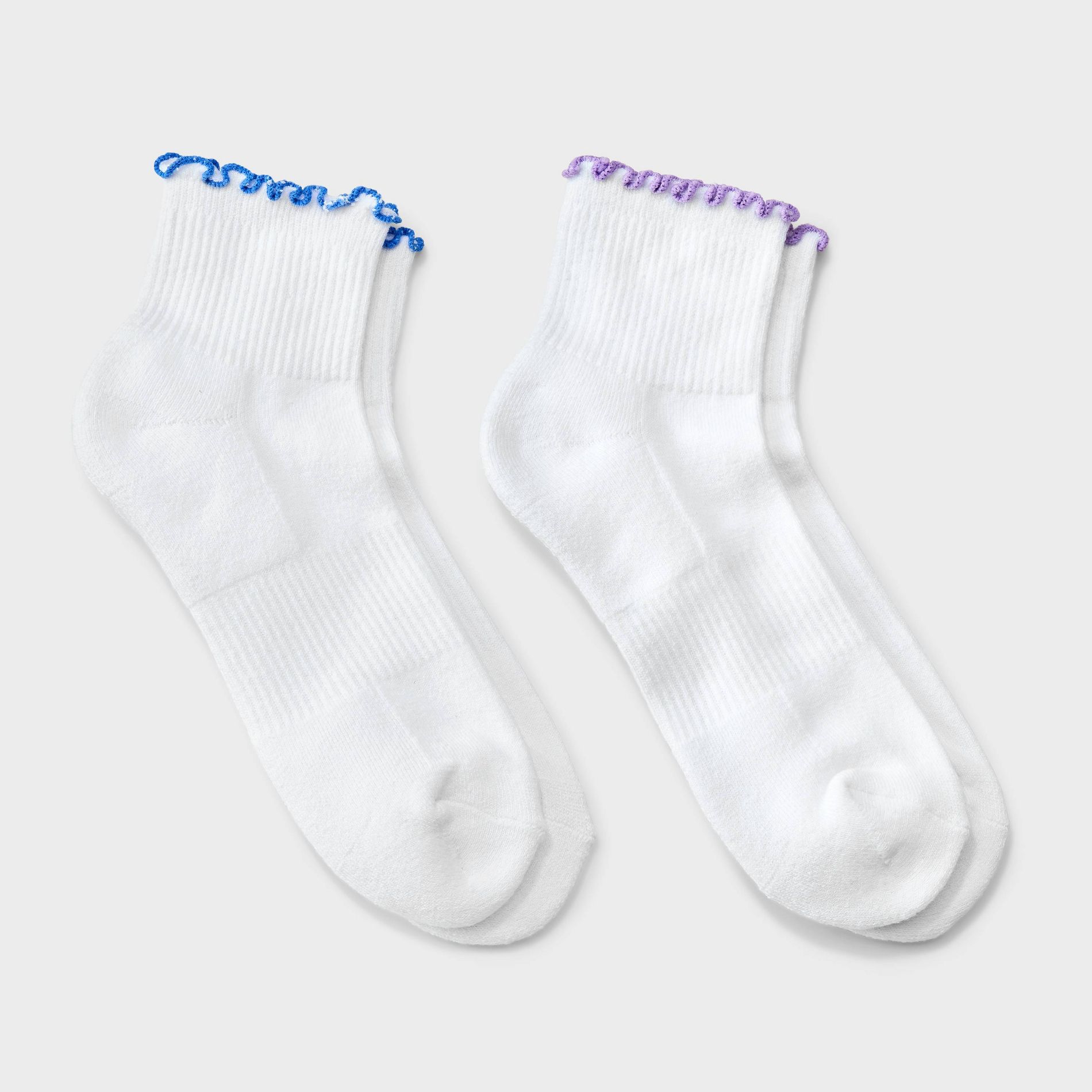 Women's Lettuce Edge Cushioned 2pk Ankle Socks - JoyLab™ White/Purple/Blue 4-10