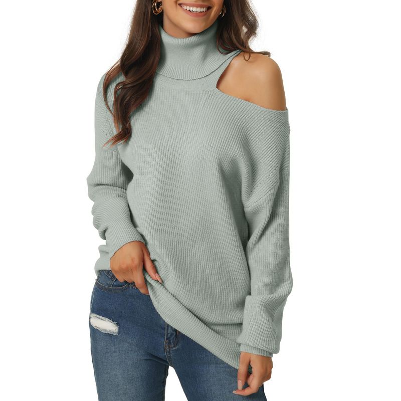 Seta T Womens' High Neck Cut Shoulder Long Sleeve Fall Winter Casual Sweater, 1 of 6