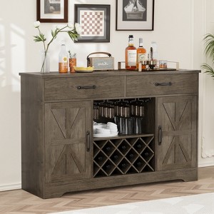 Belord Farmhouse Coffee & Wine Station Cabinet, 55" Buffet Sideboard with Barn Doors, Wine Storage, Glass Holder & 2 Drawers - 1 of 4