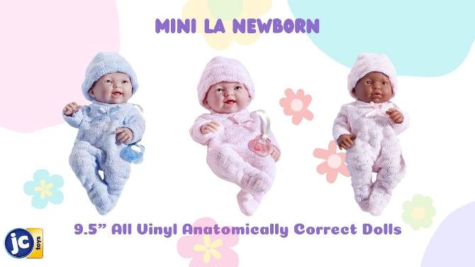 JC Toys Mini La Newborn Boutique Realistic 9.5&#34; Anatomically Correct Real Girl Baby Doll dressed, 2 of 8, play video