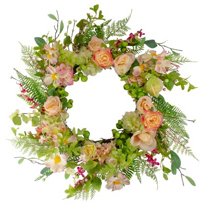 Northlight Pink Peony and Roses Artificial Floral Wreath, 26" - Unlit
