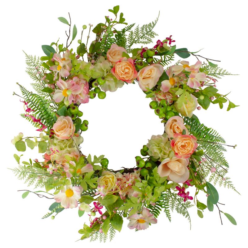 Northlight Pink Peony and Roses Artificial Floral Wreath, 26" - Unlit, 1 of 5