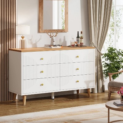 White and Light Brown 47" 6-Drawer Double Dresser with Gold Handles