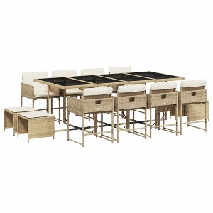 vidaXL 13 Piece Patio Dining Set - Beige Poly Rattan, Cushions Included, Tempered Glass Tabletop, Foldable Chairs, Outdoor Garden Furniture - 1 of 4
