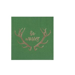 Juvale 50-Pack Green Be Merry in Gold Foil Disposable Paper Cocktail Napkins for Christmas Party Supplies - 1 of 4