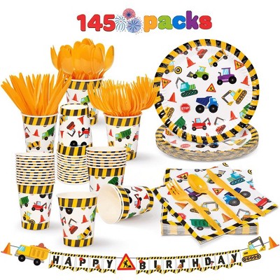 Joyfy 145Pcs Construction Kids Birthday Party Supplies with Truck Banner 24 Serves Disposable Tableware Set, Party Decoration for Boys 6 7 8 Years