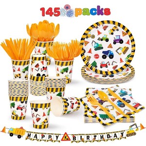 Joyfy 145Pcs Construction Kids Birthday Party Supplies with Truck Banner 24 Serves Disposable Tableware Set, Party Decoration for Boys 6 7 8 Years - 1 of 4
