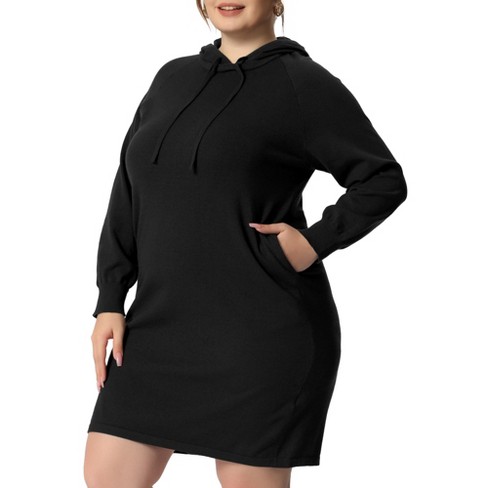 Women Long Sleeve Pullover Hoodie Dress Solid Color Pocket Sweatshirt  Casual Drawstring Loose Midi Dress Plus Size