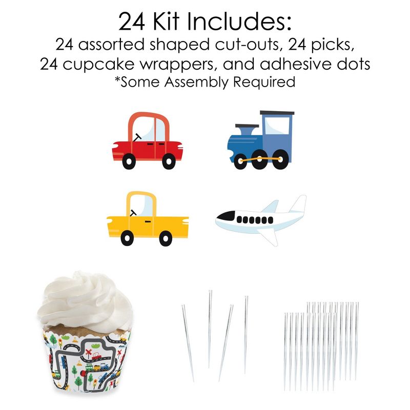 Big Dot of Happiness Cars, Trains, and Airplanes - Cupcake Decoration - Transportation Birthday Party Cupcake Wrappers and Treat Picks Kit - Set of 24, 3 of 8