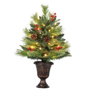 2/3Ft Artificial Mini Christmas Tree, Tabletop Christmas Tree with 40/70 LED Warm Lights, Mini Xmas Tree with Pine Cone & Red Berry - 1 of 4
