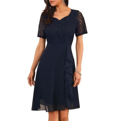 INSPIRE CHIC Women's Lace Chiffon Sweetheart Neck Short Sleeve Ruffle Midi Dresses