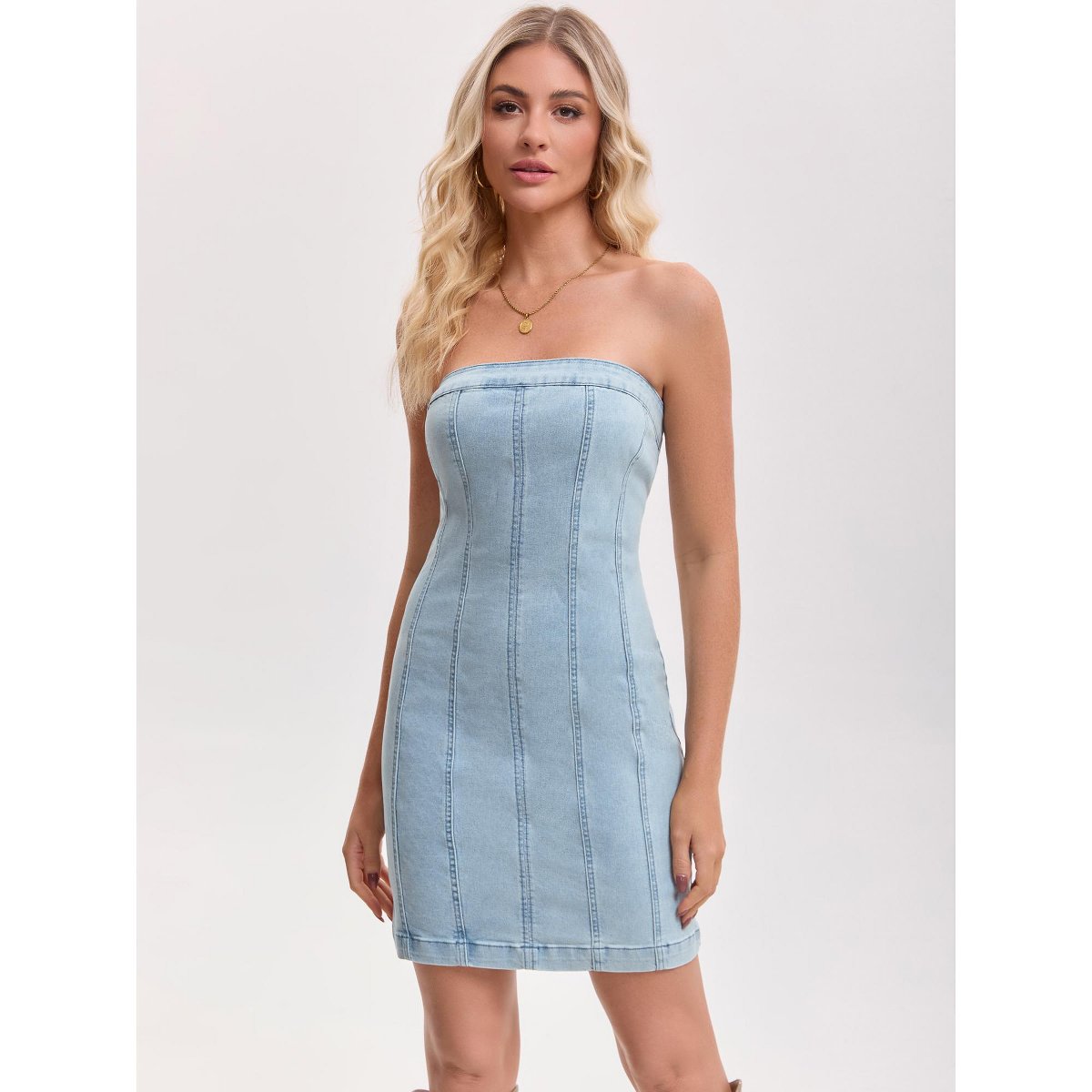 Женские платья INSPIRE CHIC Women's Denim Strapless Western Outfit Bodycon Tube Mini Jean Dresses Large Light Blue — фото 2