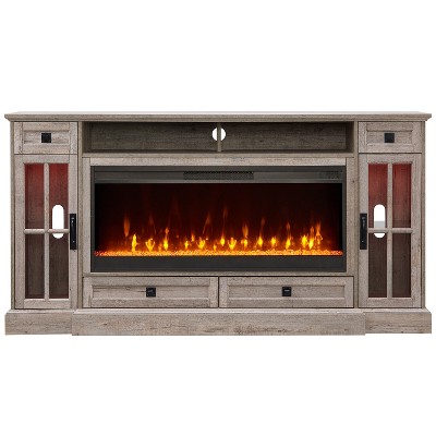 OKD 70" Fireplace TV Stand for 80 Inch TV, Farmhouse TV Stand w/Door & Drawers, Dark Rustic Oak