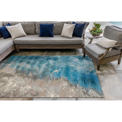 Gray and Blue Abstract Synthetic Flat Woven Indoor/Outdoor Rug