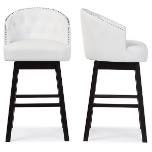 Set of 2 Avril Faux Leather Tufted Swivel Barstool with Nailhead Trim - White - Baxton Studio: Espresso Brown Legs, Rubberwood Frame - 1 of 4